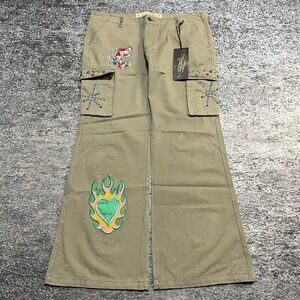 NWT Ed Hardy Cargo Pants 36x31 Green Flare Wide Leg Tattoo Grunge Twill Y2K